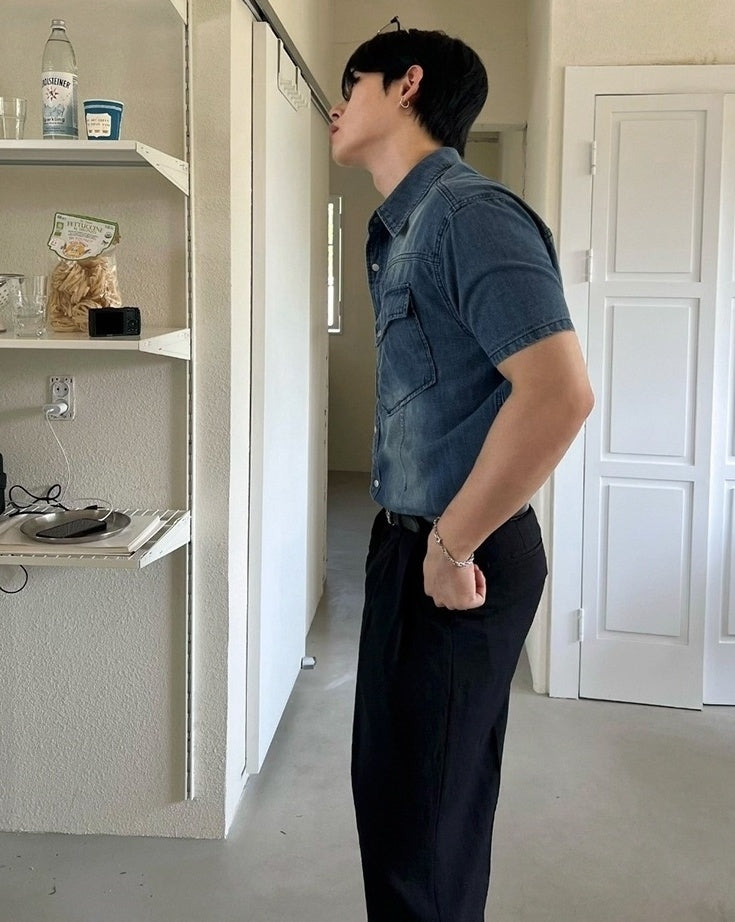 Vintage Washed Denim Short Sleeve Casual Shirt
