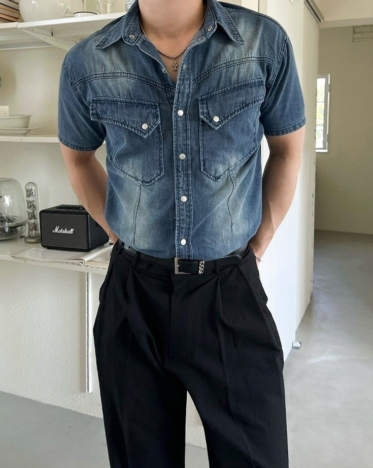 Vintage Washed Denim Short Sleeve Casual Shirt