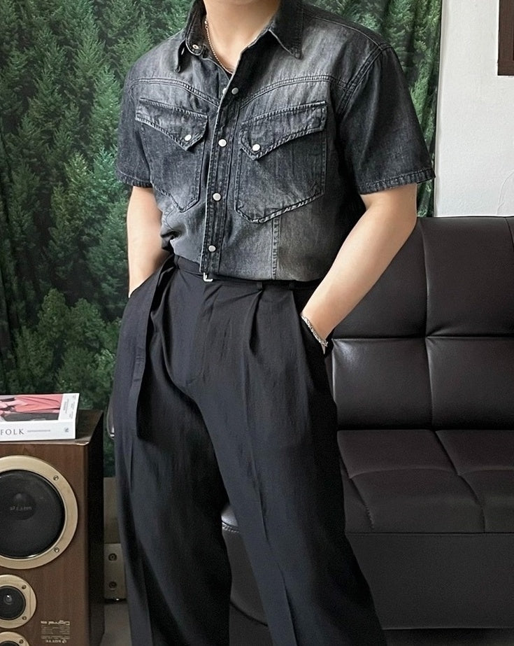 Vintage Washed Denim Short Sleeve Casual Shirt