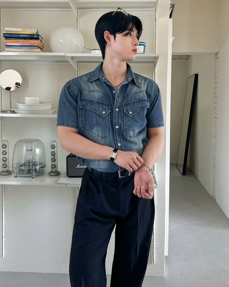 Vintage Washed Denim Short Sleeve Casual Shirt