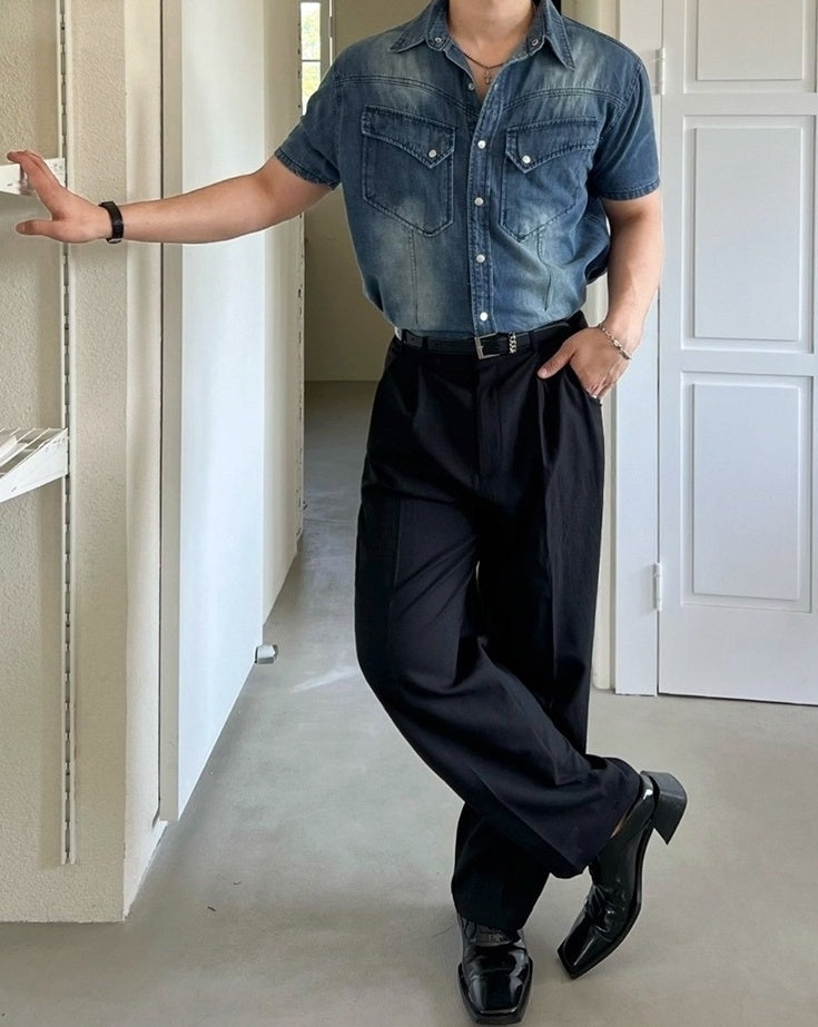 Vintage Washed Denim Short Sleeve Casual Shirt