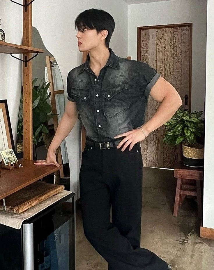 Vintage Washed Denim Short Sleeve Casual Shirt