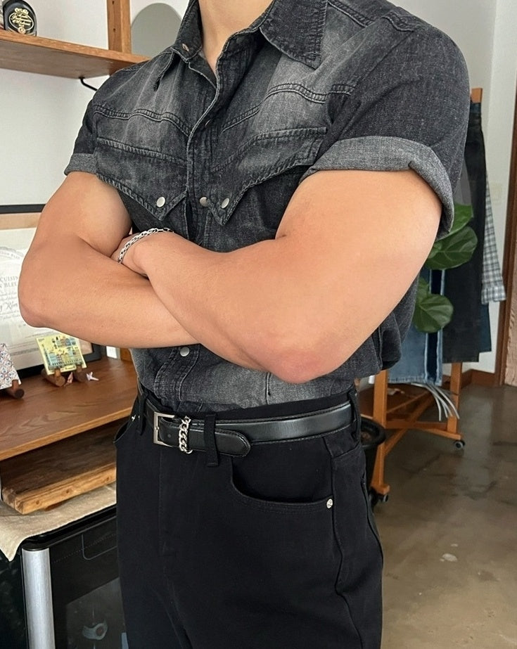 Vintage Washed Denim Short Sleeve Casual Shirt