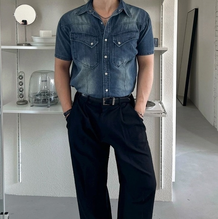 Vintage Washed Denim Short Sleeve Casual Shirt