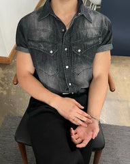 Vintage Washed Denim Short Sleeve Casual Shirt