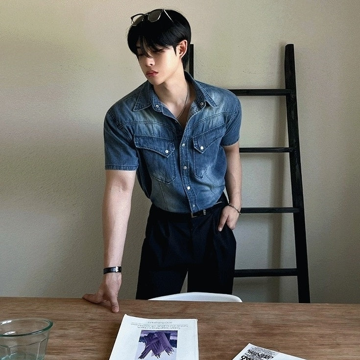 Vintage Washed Denim Short Sleeve Casual Shirt