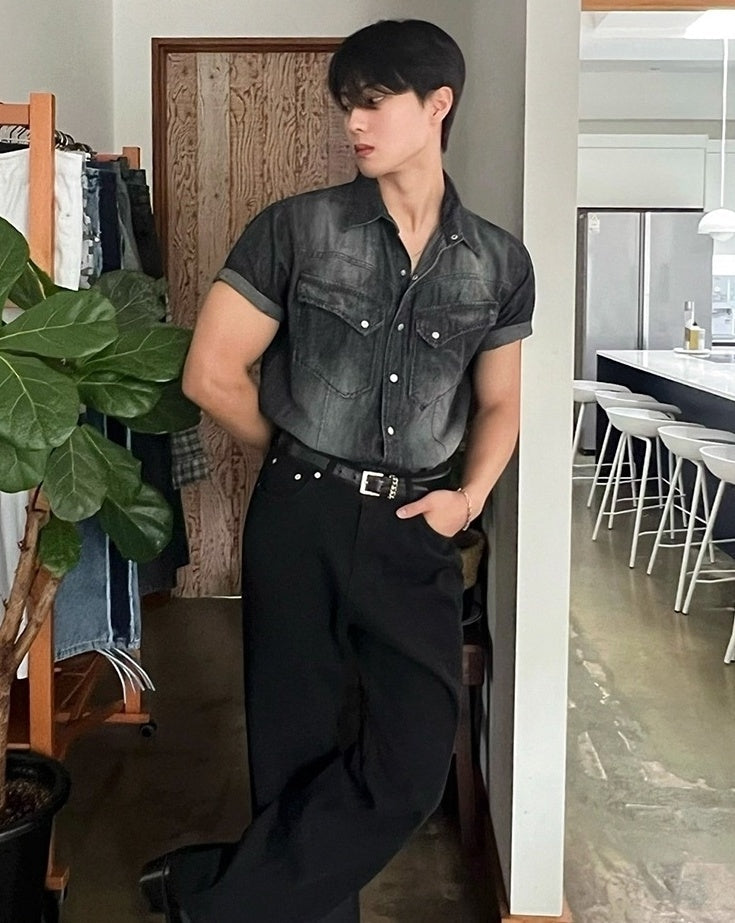 Vintage Washed Denim Short Sleeve Casual Shirt