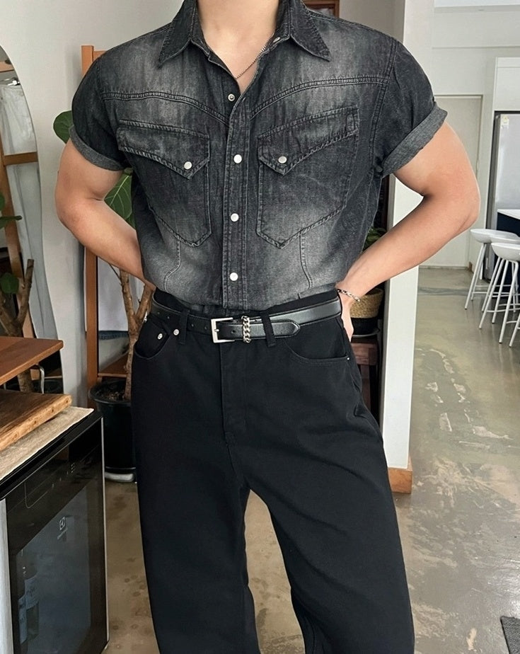 Vintage Washed Denim Short Sleeve Casual Shirt