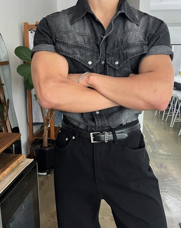 Vintage Washed Denim Short Sleeve Casual Shirt