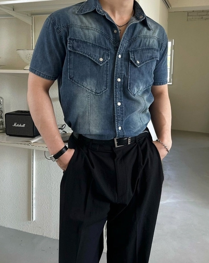 Vintage Washed Denim Short Sleeve Casual Shirt