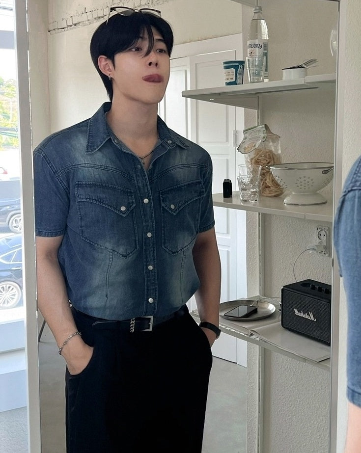 Vintage Washed Denim Short Sleeve Casual Shirt