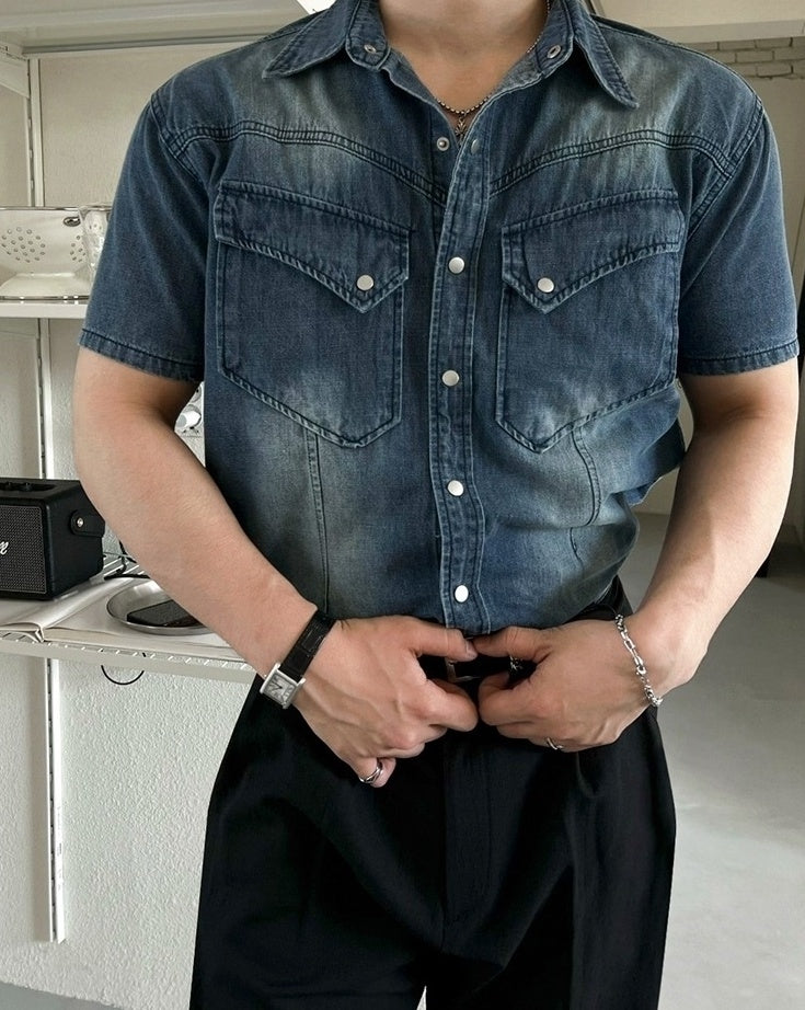 Vintage Washed Denim Short Sleeve Casual Shirt