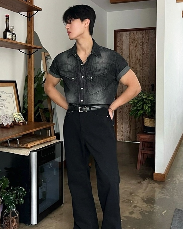 Vintage Washed Denim Short Sleeve Casual Shirt