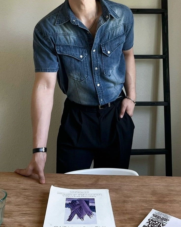 Vintage Washed Denim Short Sleeve Casual Shirt