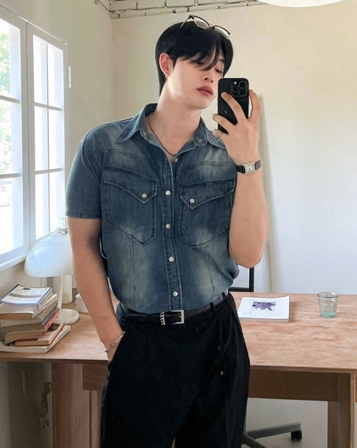 Vintage Washed Denim Short Sleeve Casual Shirt