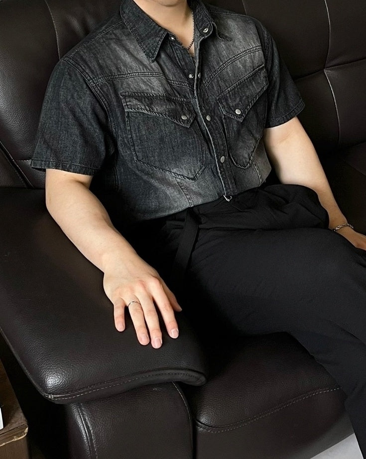 Vintage Washed Denim Short Sleeve Casual Shirt