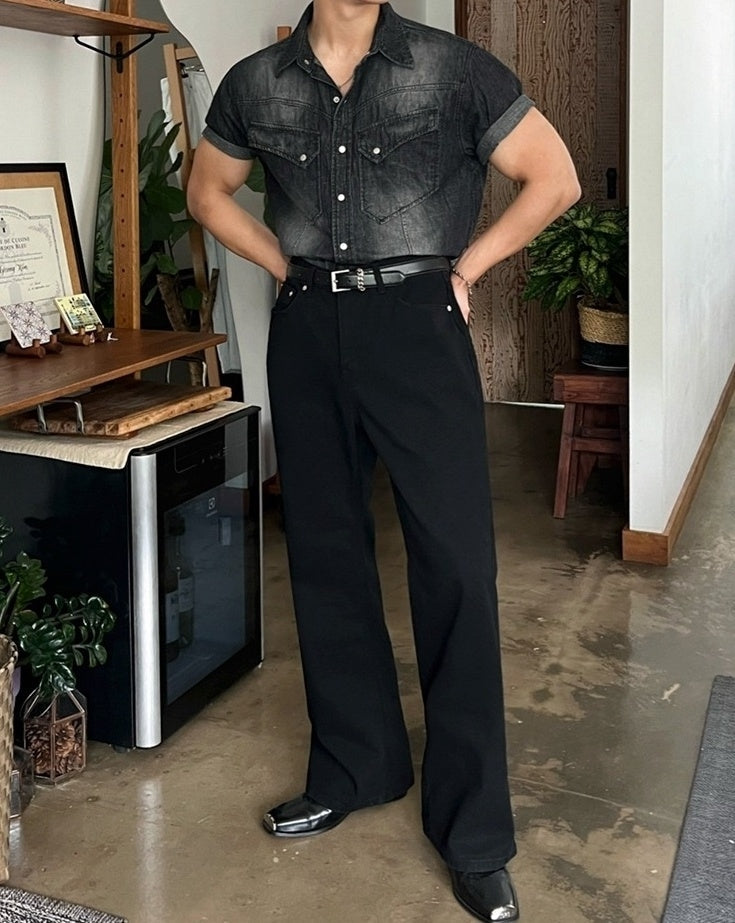 Vintage Washed Denim Short Sleeve Casual Shirt