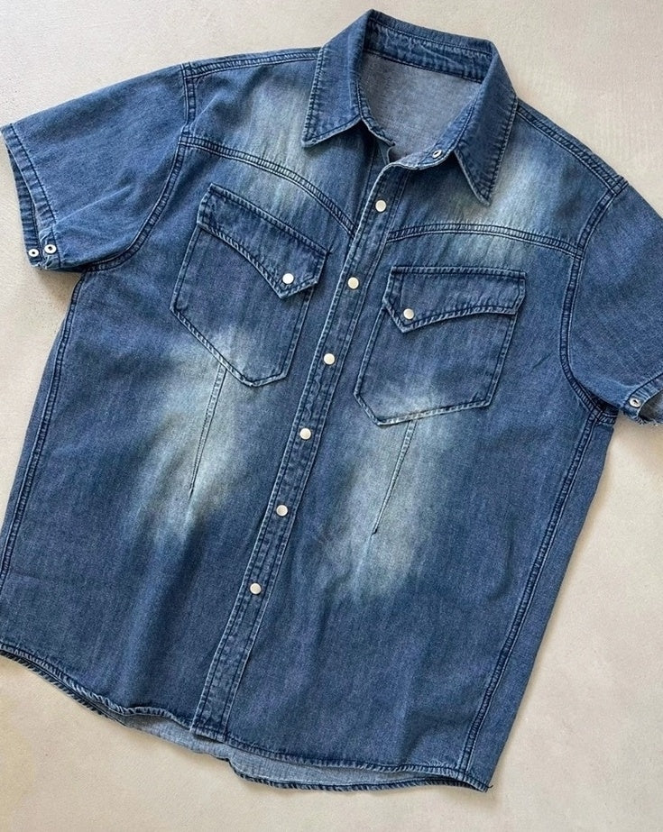 Vintage Washed Denim Short Sleeve Casual Shirt