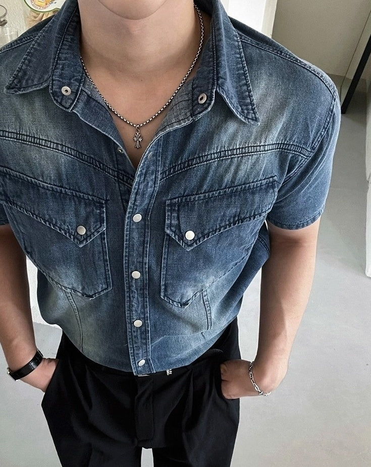 Vintage Washed Denim Short Sleeve Casual Shirt