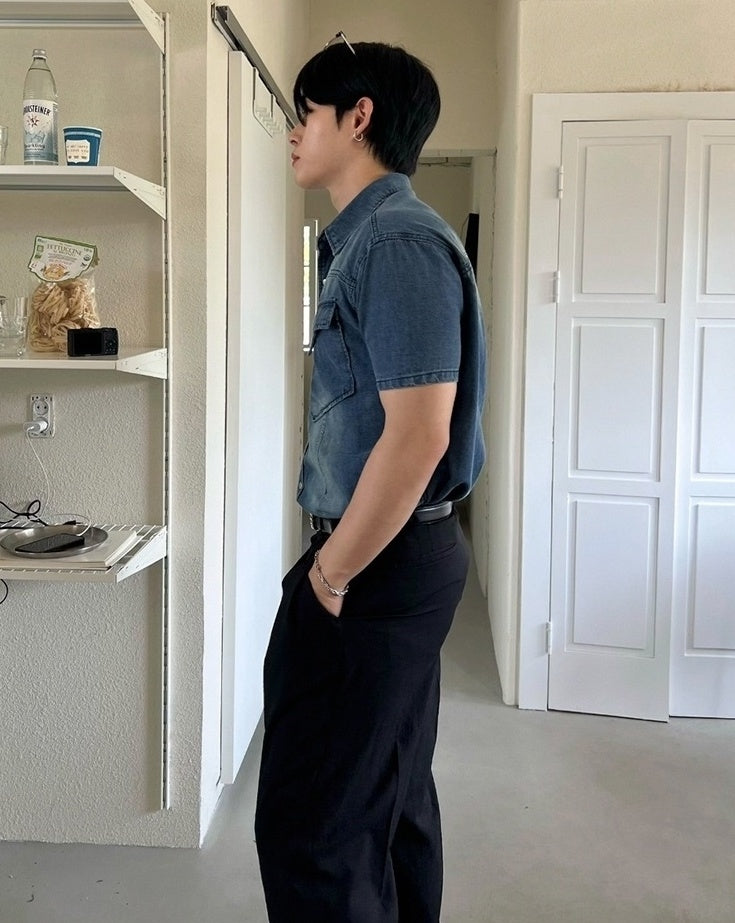 Vintage Washed Denim Short Sleeve Casual Shirt