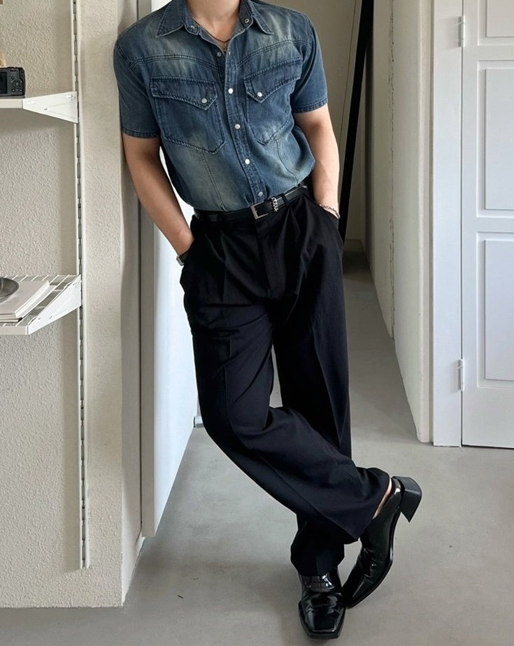 Vintage Washed Denim Short Sleeve Casual Shirt