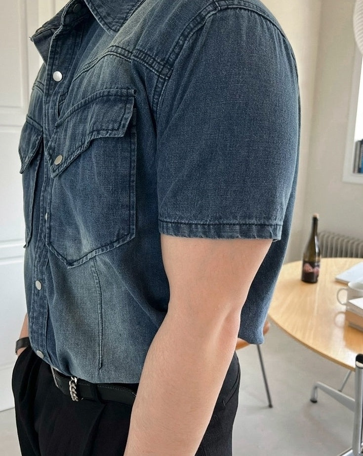 Vintage Washed Denim Short Sleeve Casual Shirt
