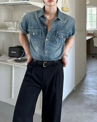 Vintage Washed Denim Short Sleeve Casual Shirt