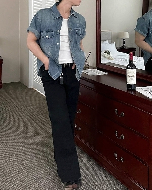 Vintage Washed Denim Short Sleeve Casual Shirt