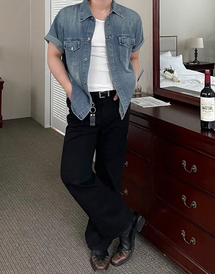 Vintage Washed Denim Short Sleeve Casual Shirt