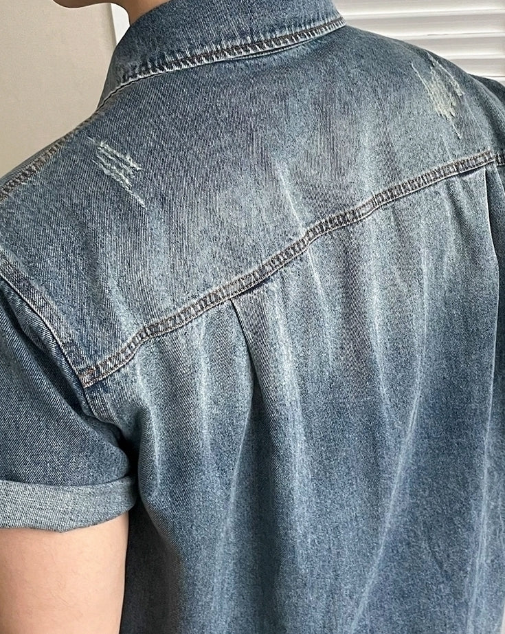 Vintage Washed Denim Short Sleeve Casual Shirt