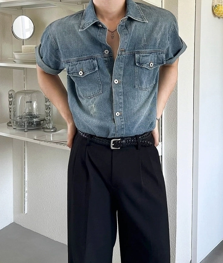 Vintage Washed Denim Short Sleeve Casual Shirt