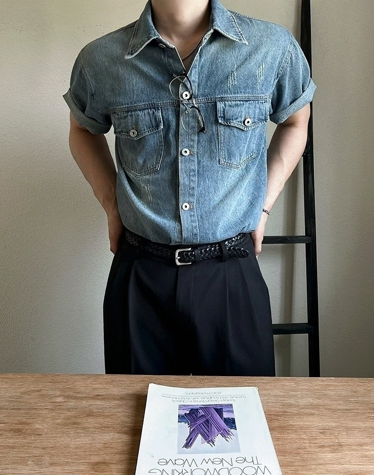 Vintage Washed Denim Short Sleeve Casual Shirt
