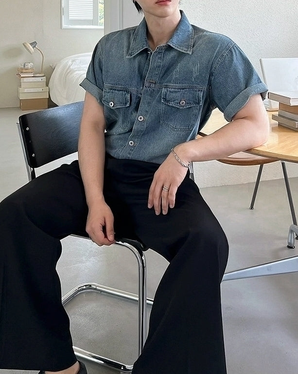 Vintage Washed Denim Short Sleeve Casual Shirt