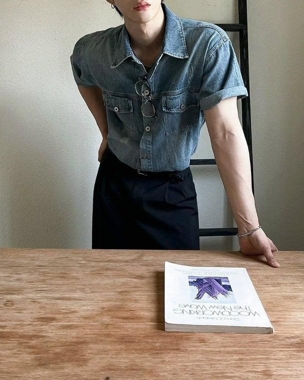 Vintage Washed Denim Short Sleeve Casual Shirt