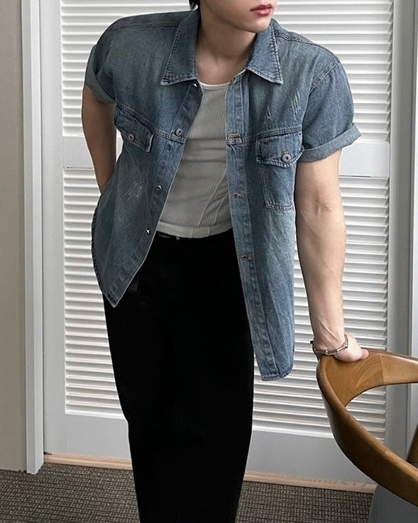 Vintage Washed Denim Short Sleeve Casual Shirt