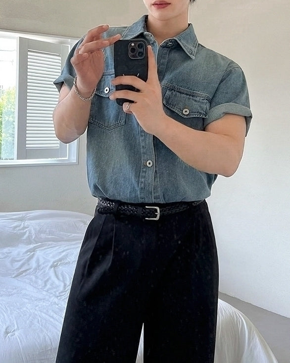 Vintage Washed Denim Short Sleeve Casual Shirt