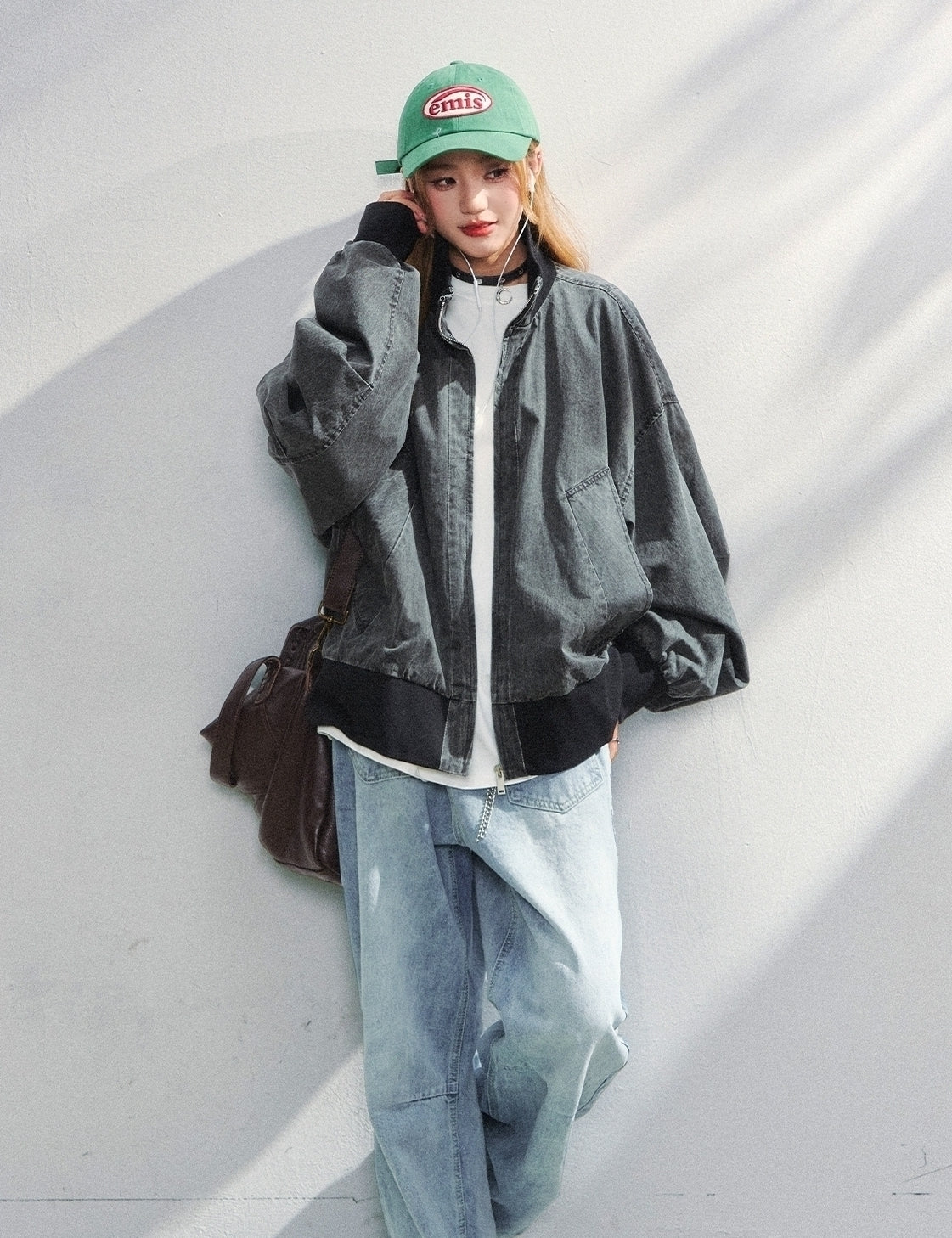 Vintage Washed Loose Fit Stand Collar Jacket