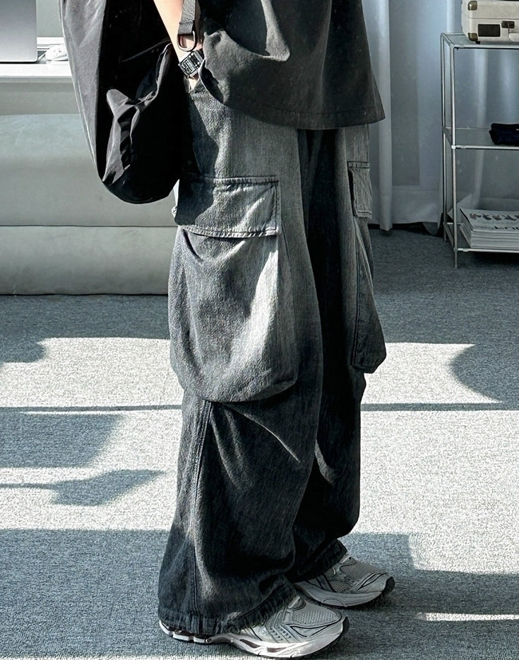 Vintage Washed Straight Leg Loose Denim Cargo Pants