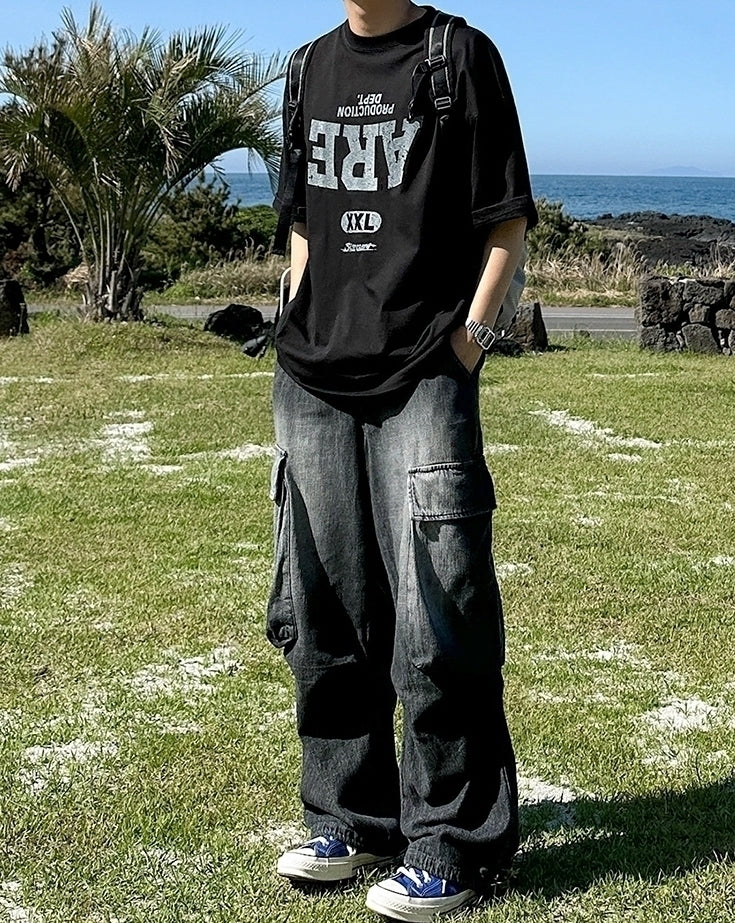 Vintage Washed Straight Leg Loose Denim Cargo Pants