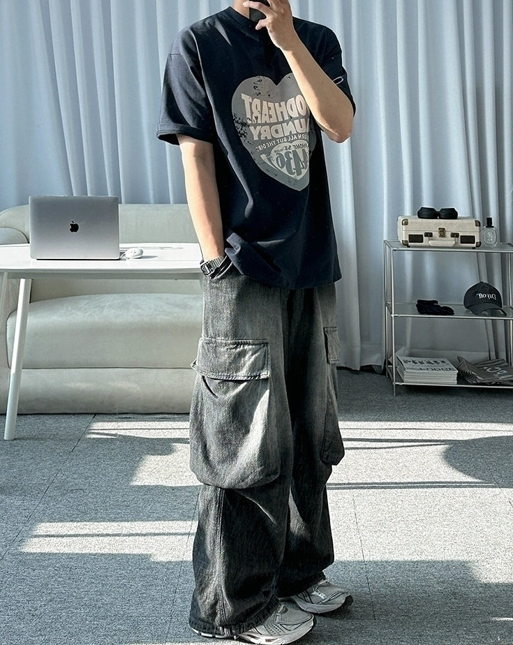 Vintage Washed Straight Leg Loose Denim Cargo Pants