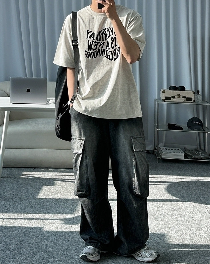 Vintage Washed Straight Leg Loose Denim Cargo Pants