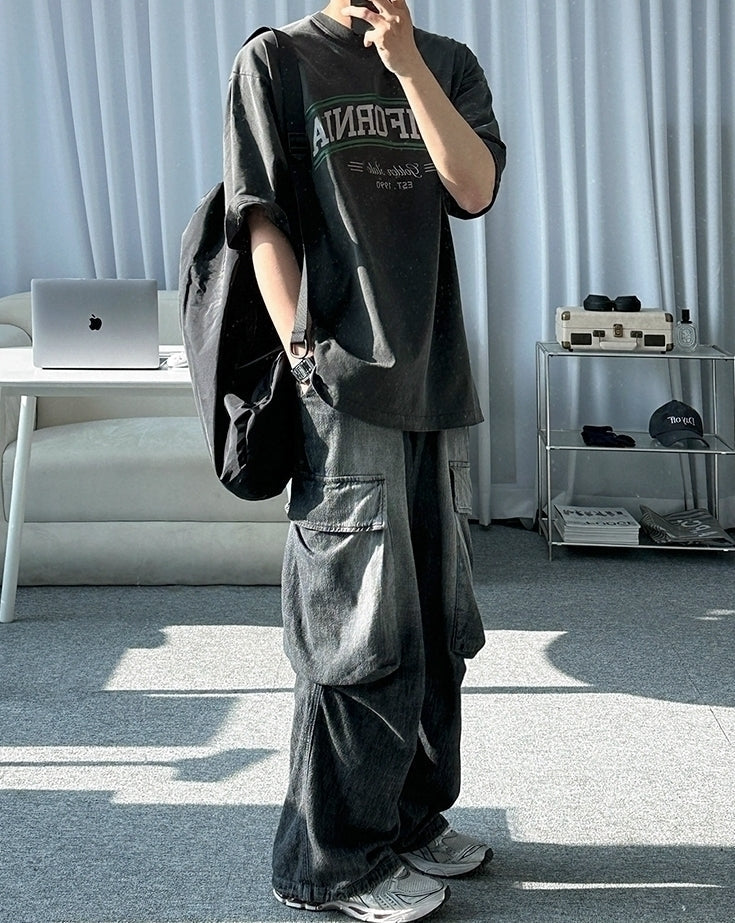 Vintage Washed Straight Leg Loose Denim Cargo Pants
