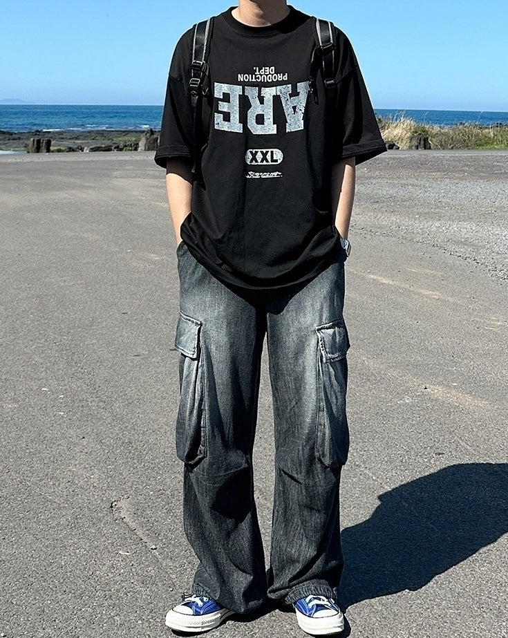 Vintage Washed Straight Leg Loose Denim Cargo Pants