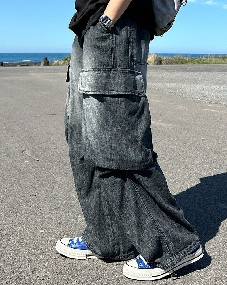 Vintage Washed Straight Leg Loose Denim Cargo Pants