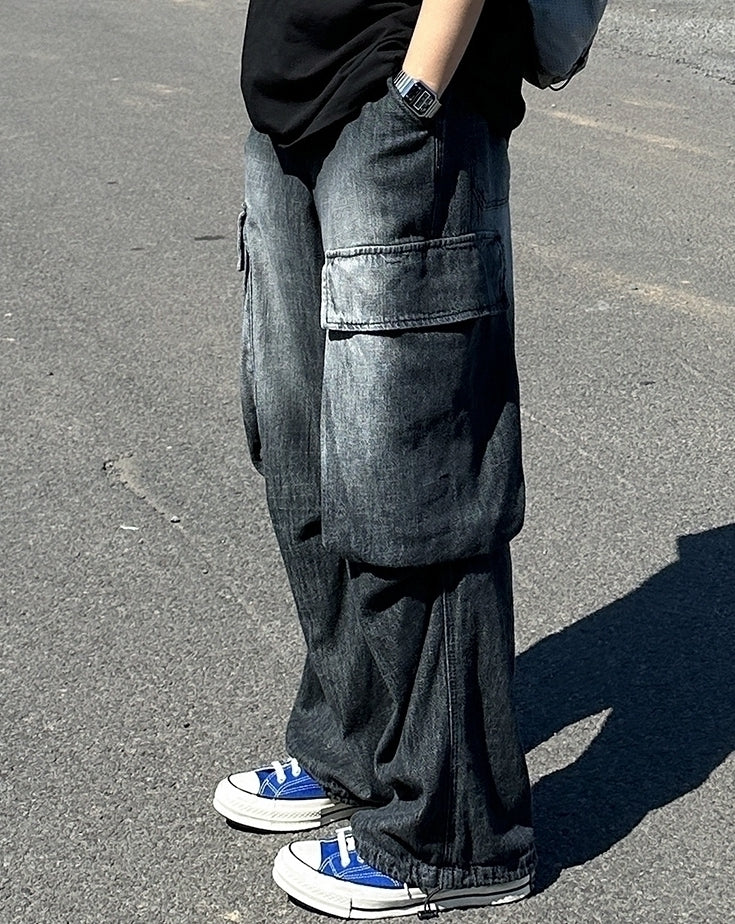 Vintage Washed Straight Leg Loose Denim Cargo Pants