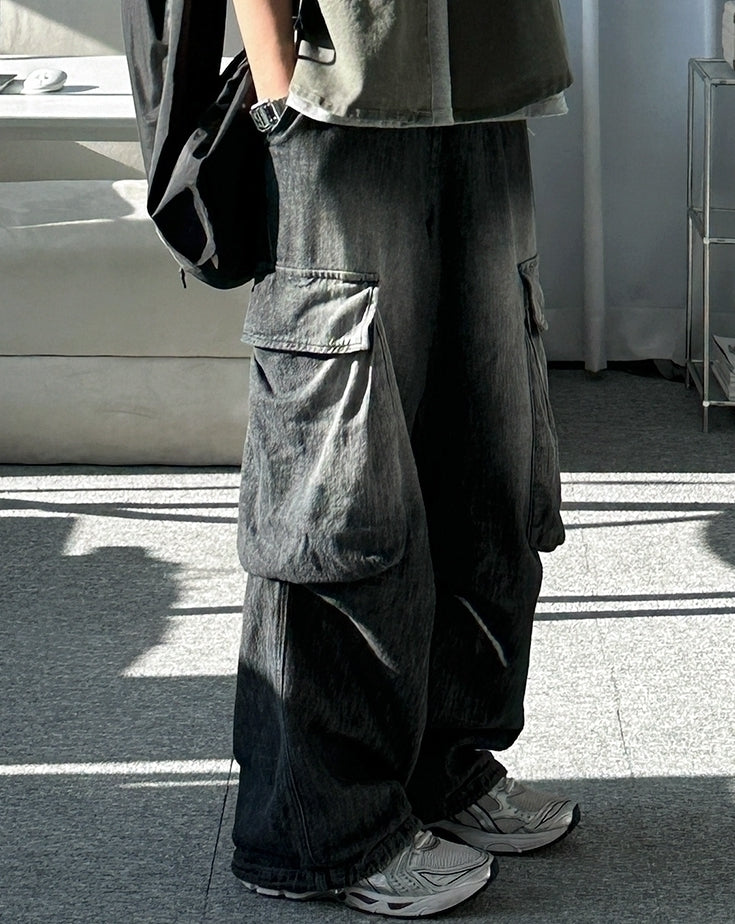 Vintage Washed Straight Leg Loose Denim Cargo Pants