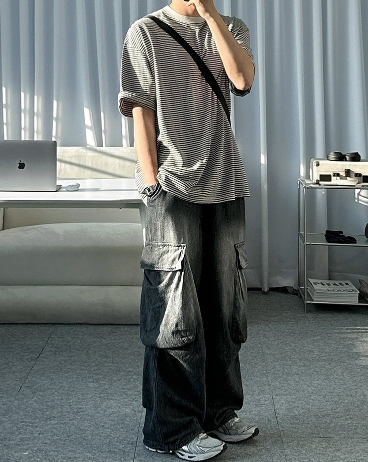 Vintage Washed Straight Leg Loose Denim Cargo Pants