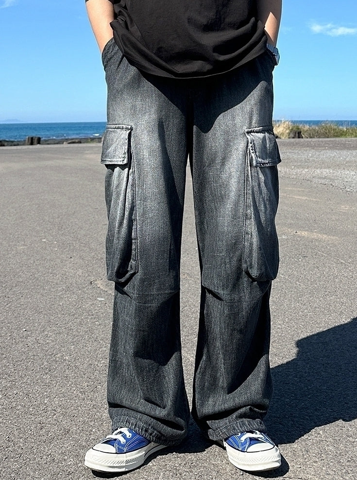 Vintage Washed Straight Leg Loose Denim Cargo Pants