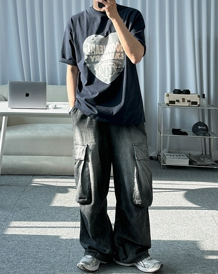 Vintage Washed Straight Leg Loose Denim Cargo Pants