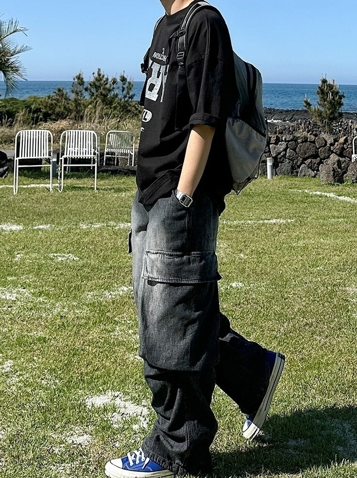 Vintage Washed Straight Leg Loose Denim Cargo Pants